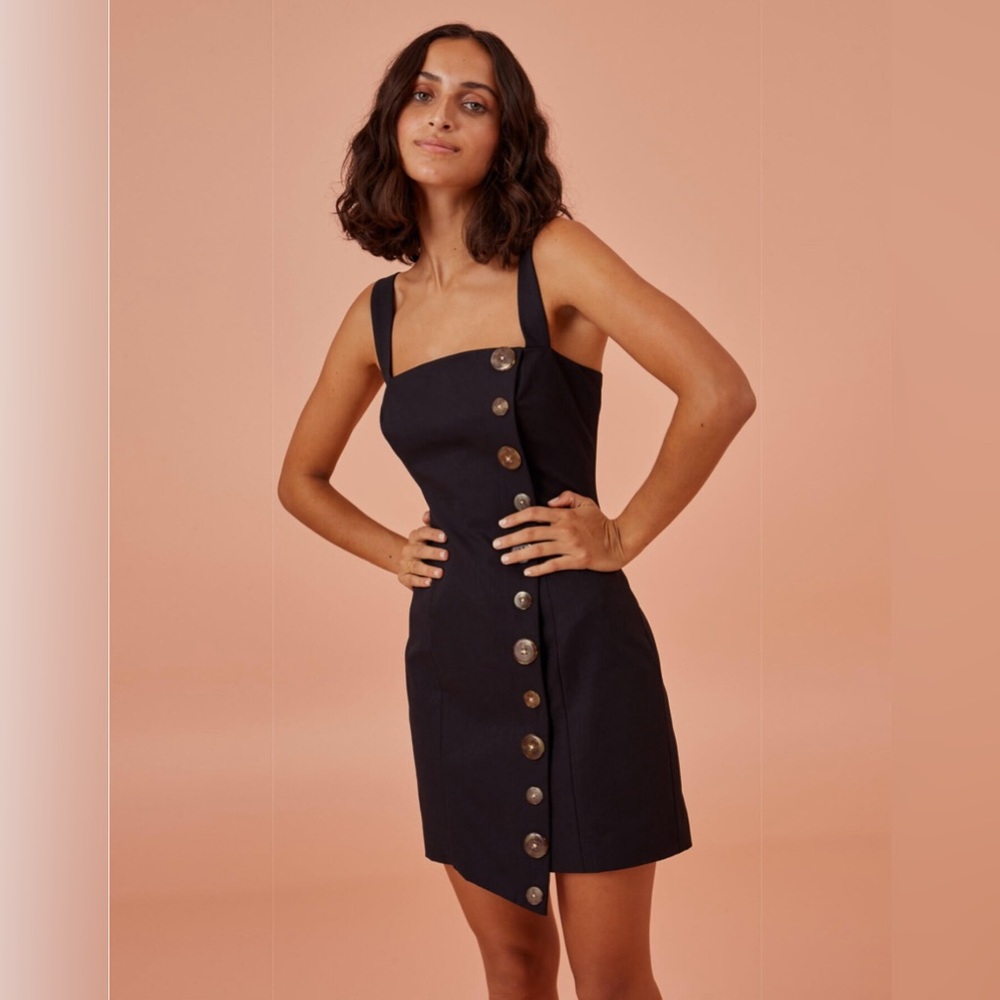 Finders Keepers Tia Mini Dress in Black with Tortoise Shell buttons
